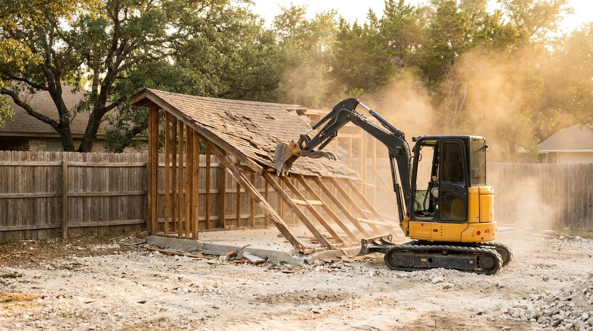 Mini excavator demolishing a detached wood-frame garage in an Austin backyard