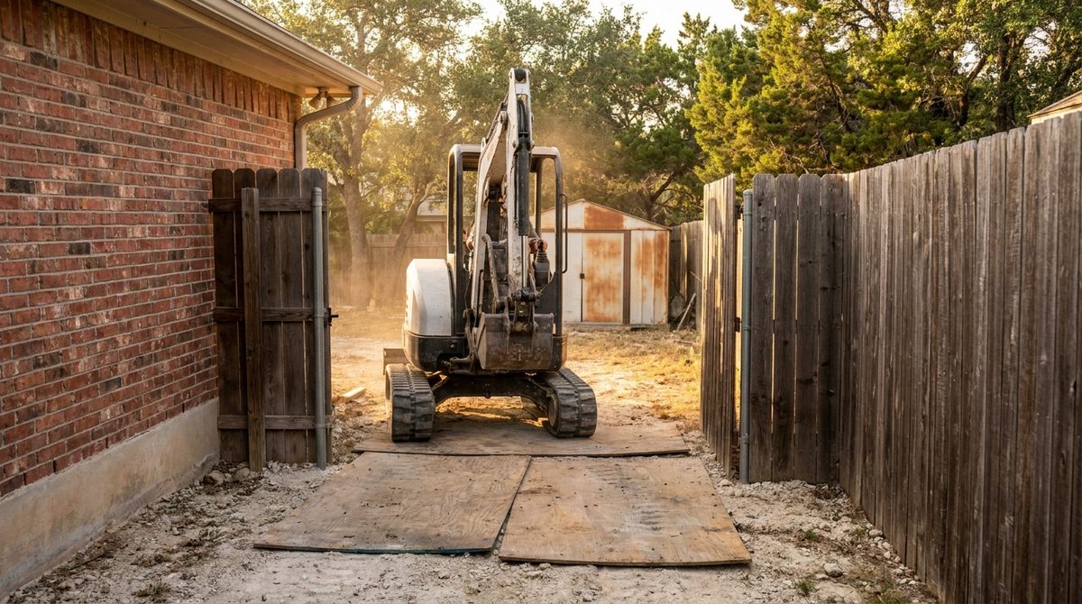 Mini excavator passing through a residential backyard gate on plywood mats with a metal shed beyond