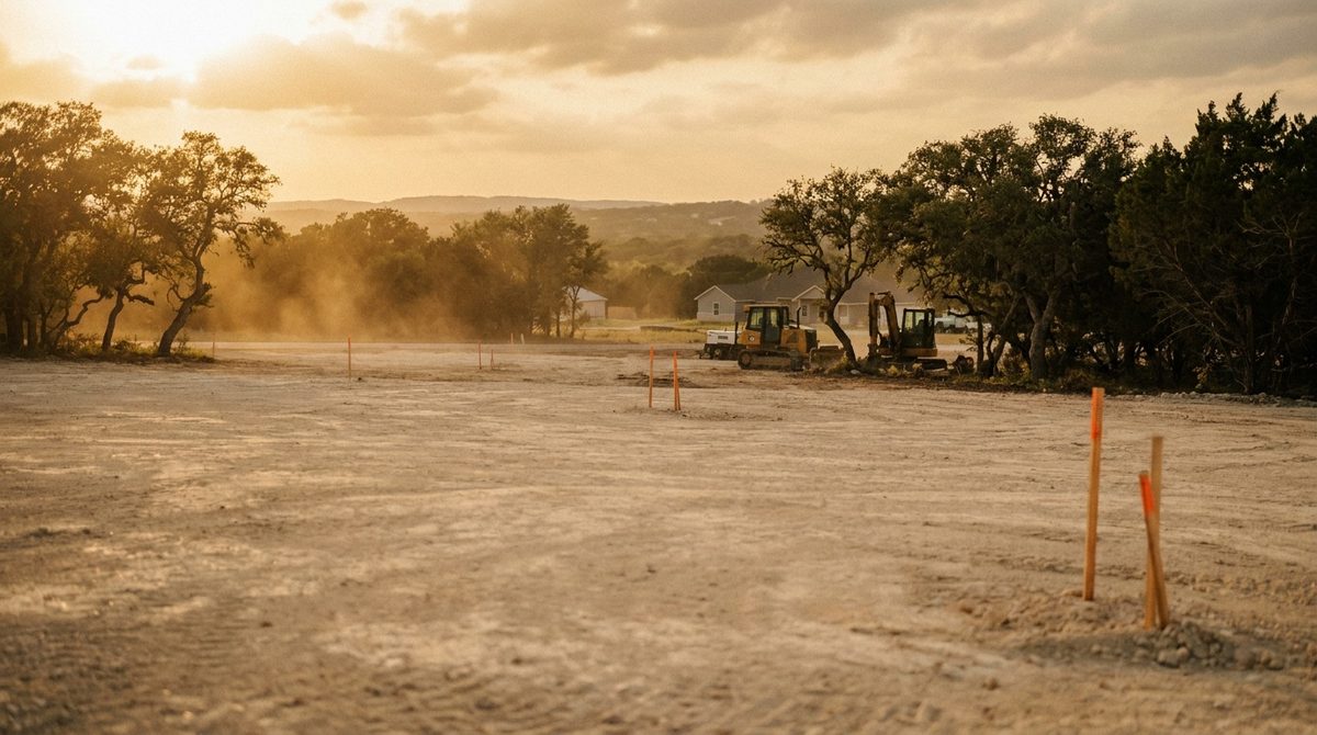 Freshly graded clean lot at dusk after a demolition with survey stakes