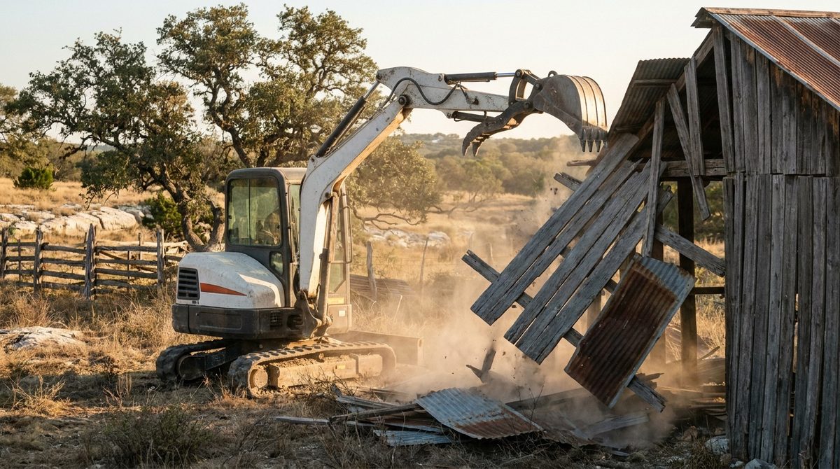 Excavator with hydraulic thumb pulling down an old pole barn on Hill Country ranch land