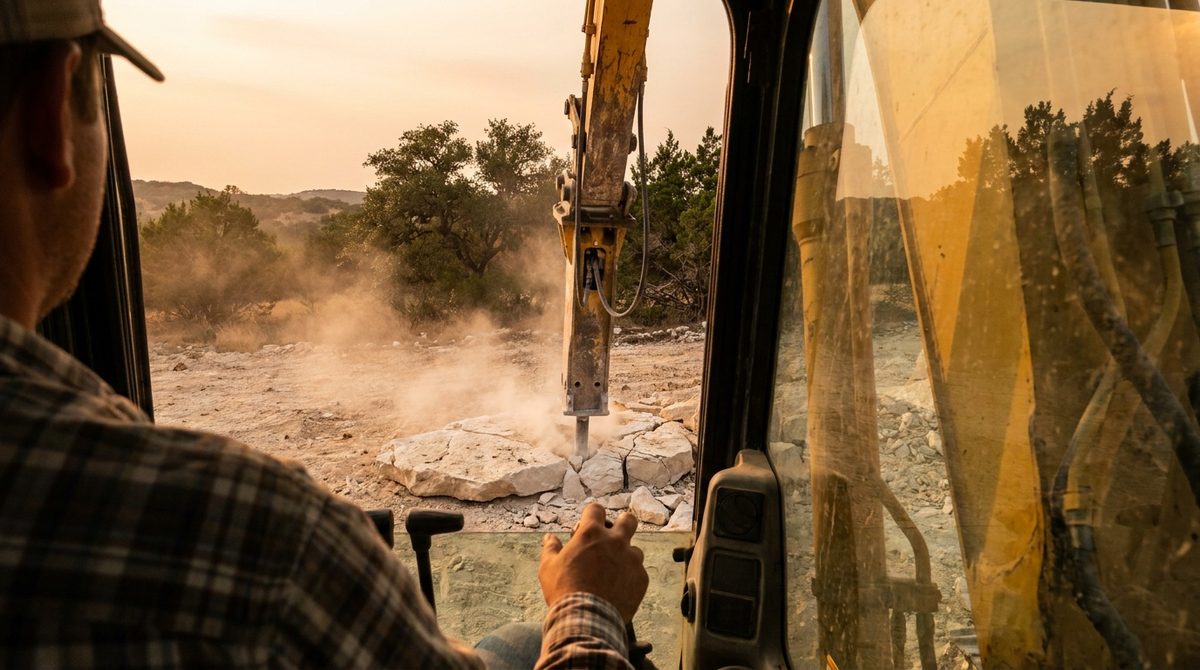 View from an excavator cab of a hydraulic breaker working on a concrete slab