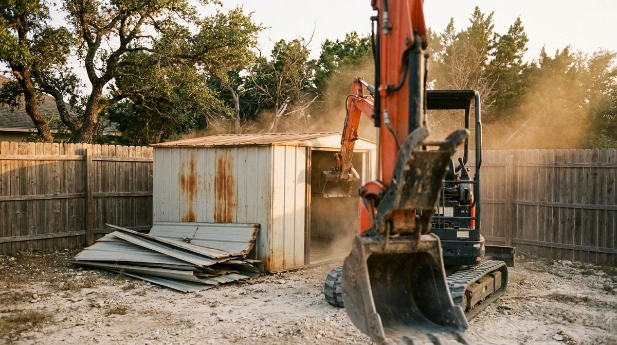 Mini excavator removing a rusted metal storage shed in a fenced backyard