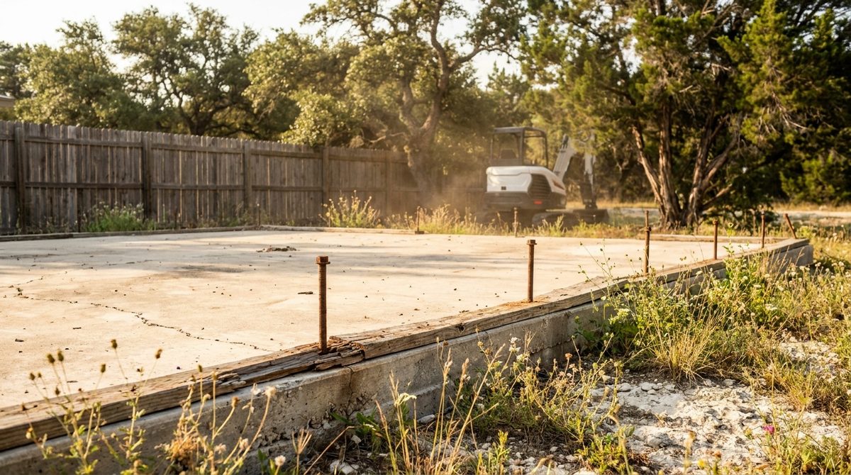 Bare concrete slab with anchor bolts left behind after a shed was removed