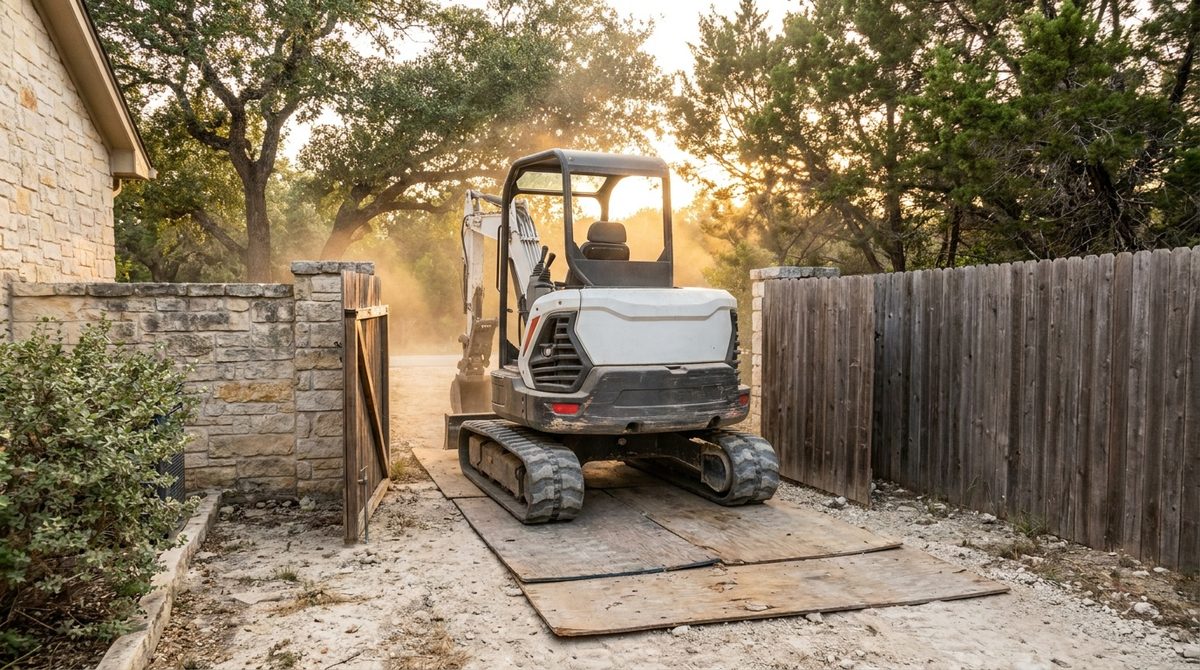 Mini excavator squeezing through a residential backyard gate on plywood mats