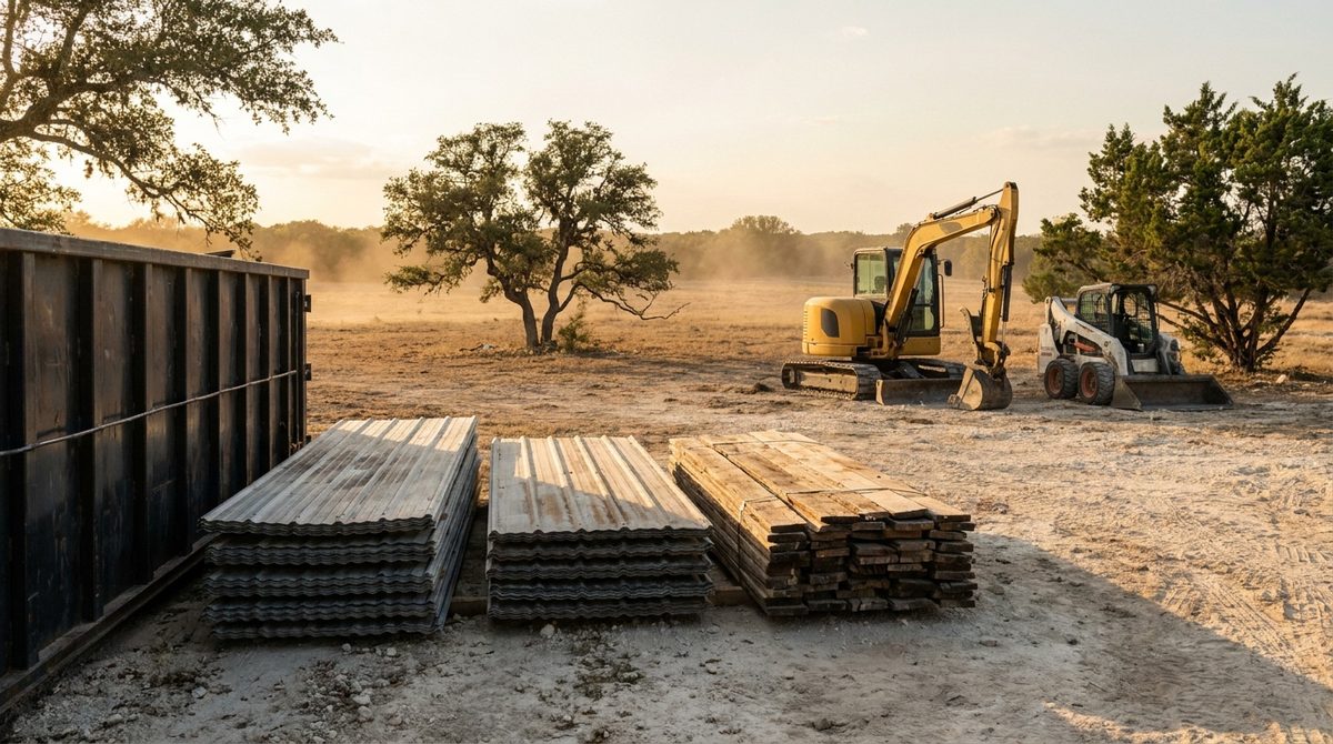 Corrugated tin panels and old barn lumber sorted into separate piles beside a roll-off dumpster on ranch land