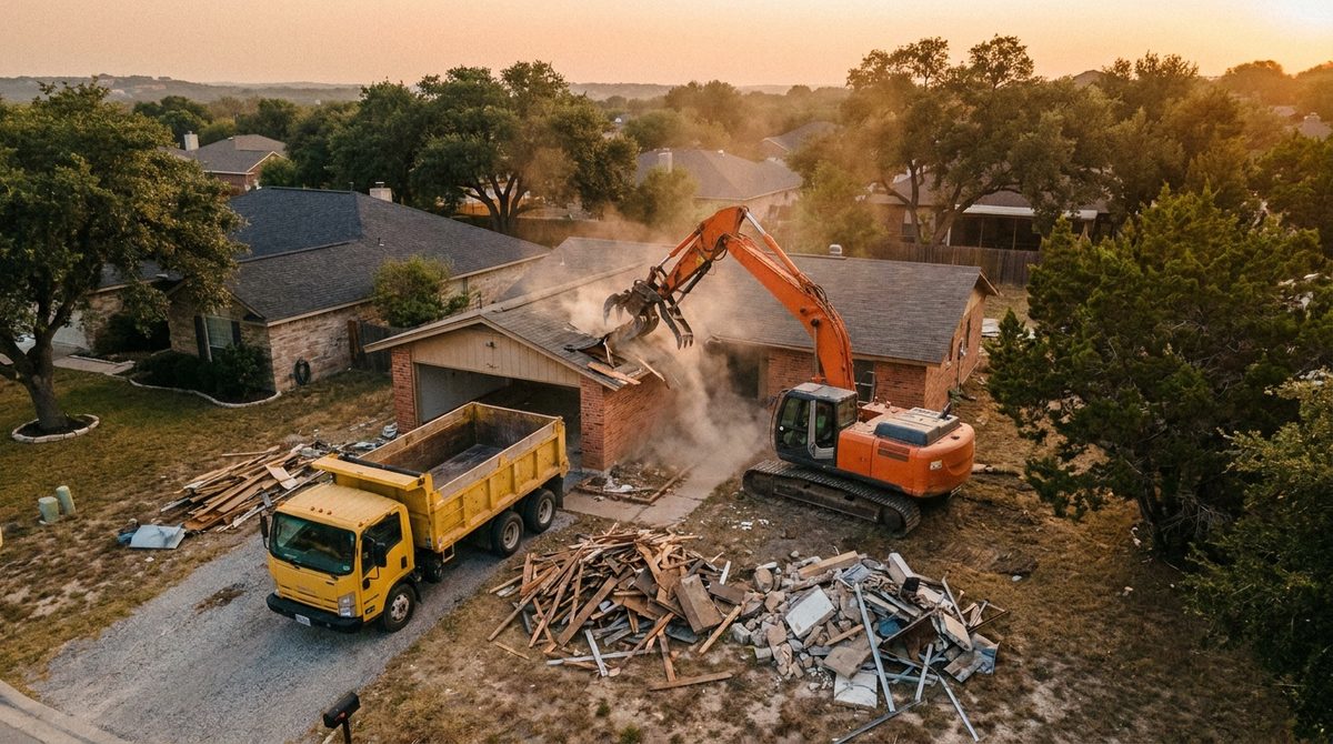 Drone aerial view of a half-demolished single-story ranch house with an excavator working, a dump truck staged in the driveway, and sorted debris piles