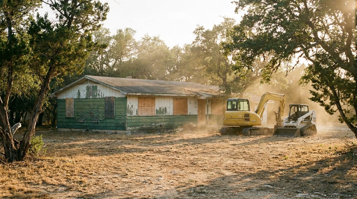 Dilapidated small vacant mid-century house with peeling paint and a boarded window on a large Austin lot