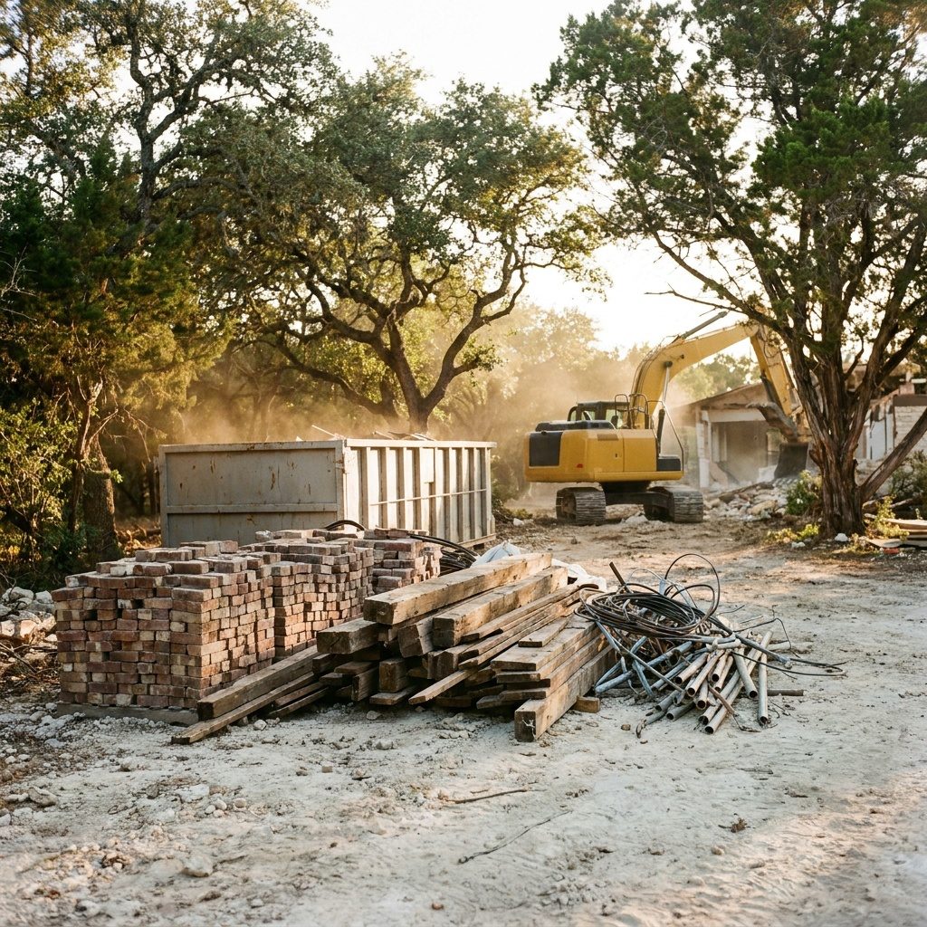 Sorted demolition materials from a brick house teardown: stacked clean brick, old lumber, bundled scrap metal, and a roll-off dumpster