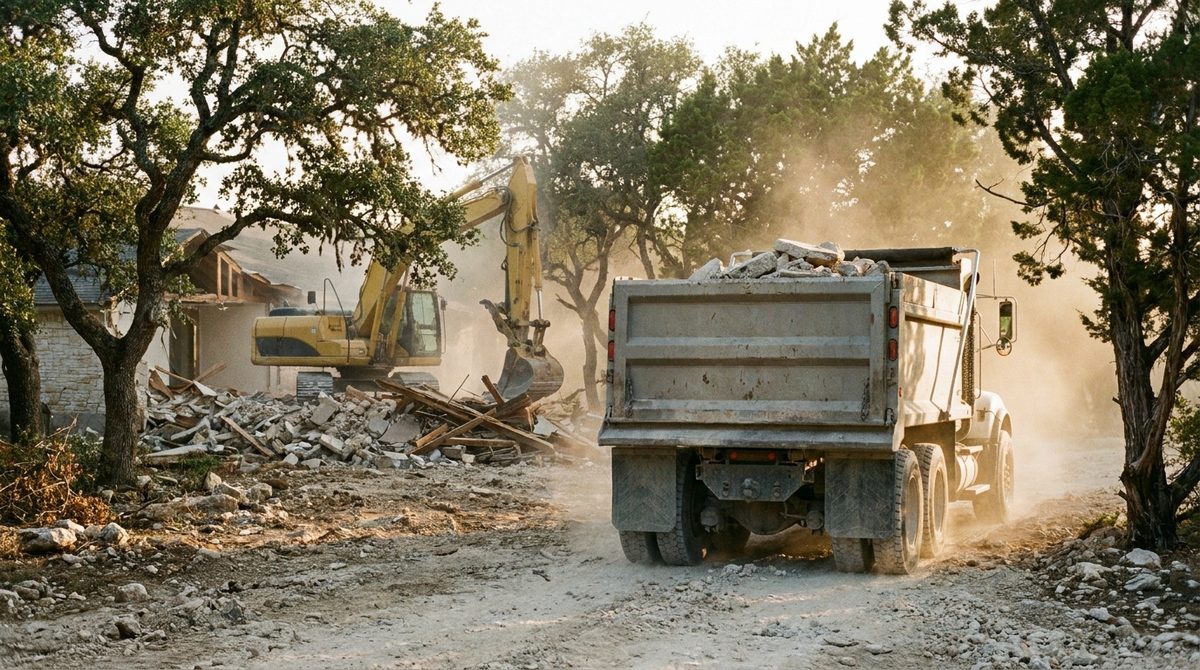 Loaded dump truck full of demolition rubble pulling away from a residential site with an excavator behind it