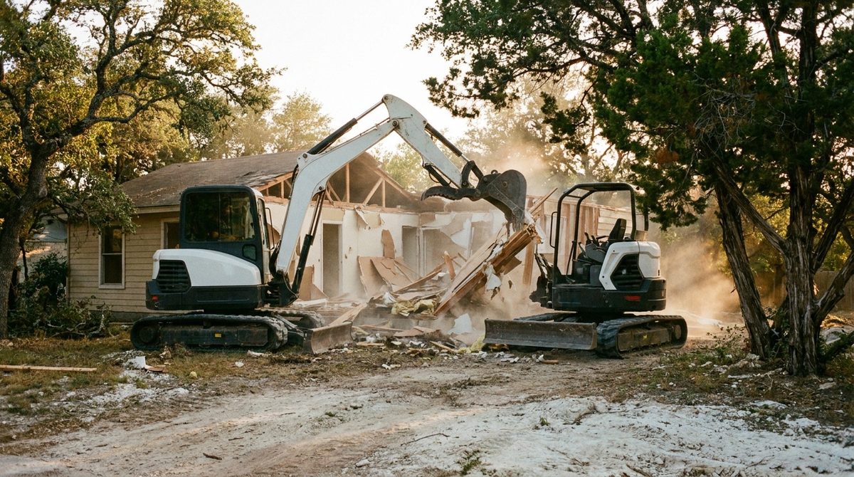 Tracked excavator with hydraulic thumb pulling down the wall of a small single-story wood-frame house on a residential street in Central Texas