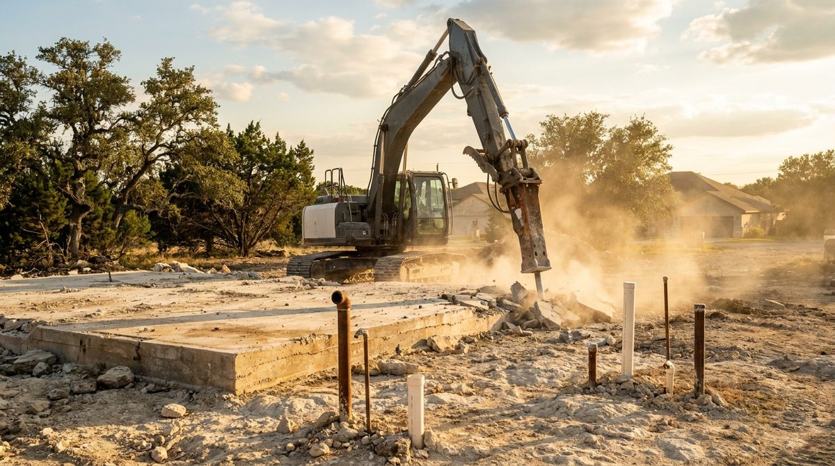 Excavator with hydraulic breaker breaking out a concrete slab foundation with plumbing stub-outs on an infill lot