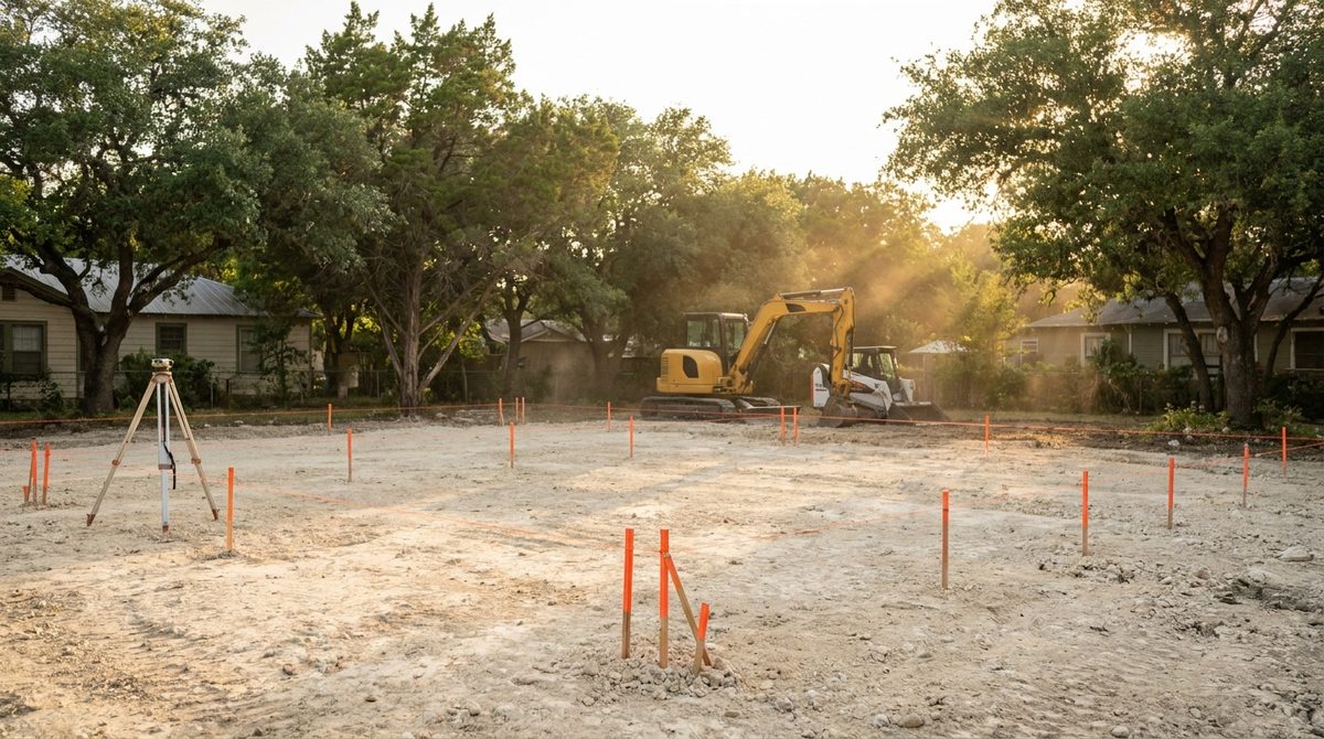 Clean graded residential lot with survey stakes and string lines marking a new home footprint after a house demolition