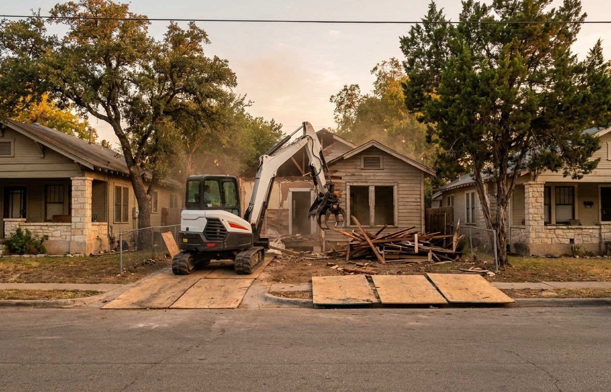 Compact excavator demolishing a small older house on a narrow infill lot between two intact neighboring homes