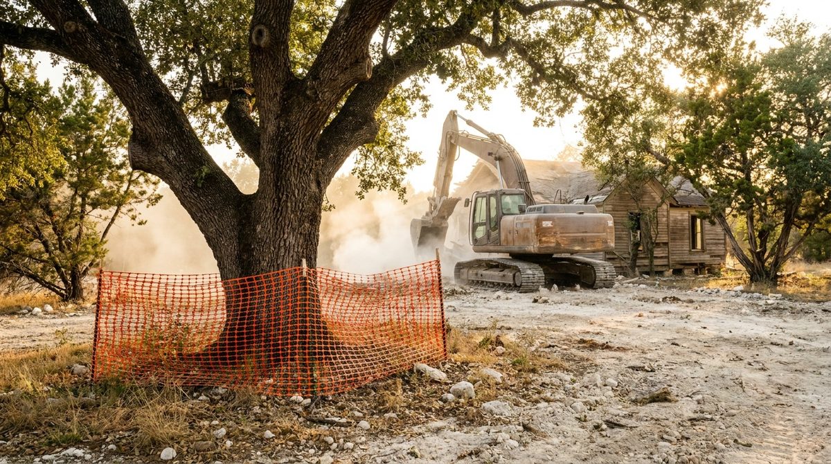 Large live oak wrapped with orange protection fencing at its drip line while an excavator demolishes an old house in the background