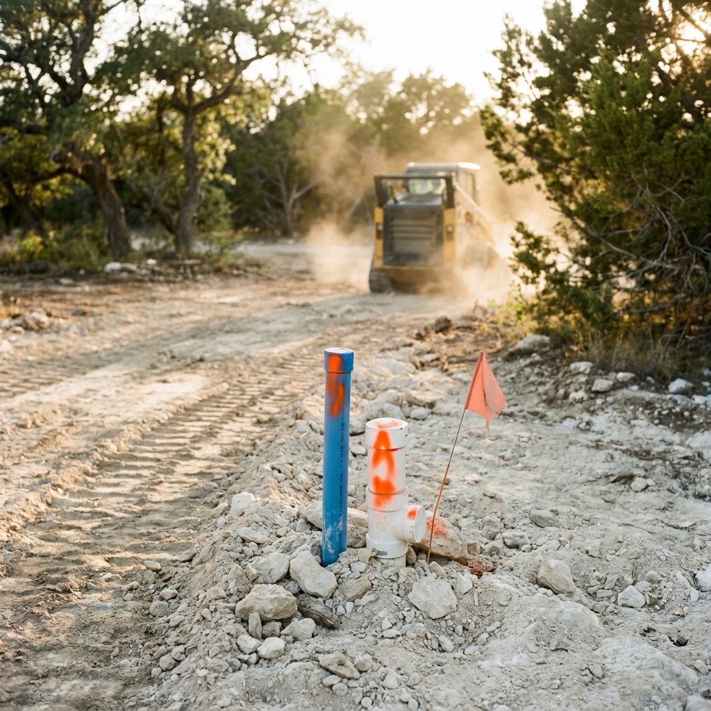 Capped water service line and sewer cleanout stub marked with orange paint and a flag at the edge of a cleared residential lot