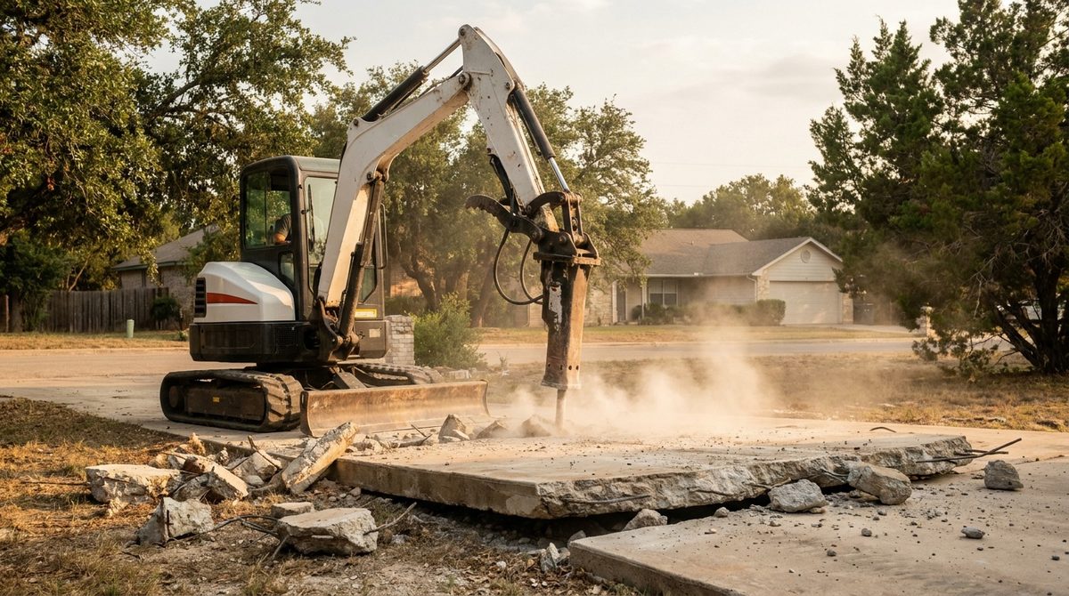 Compact excavator with hydraulic breaker breaking up a concrete slab