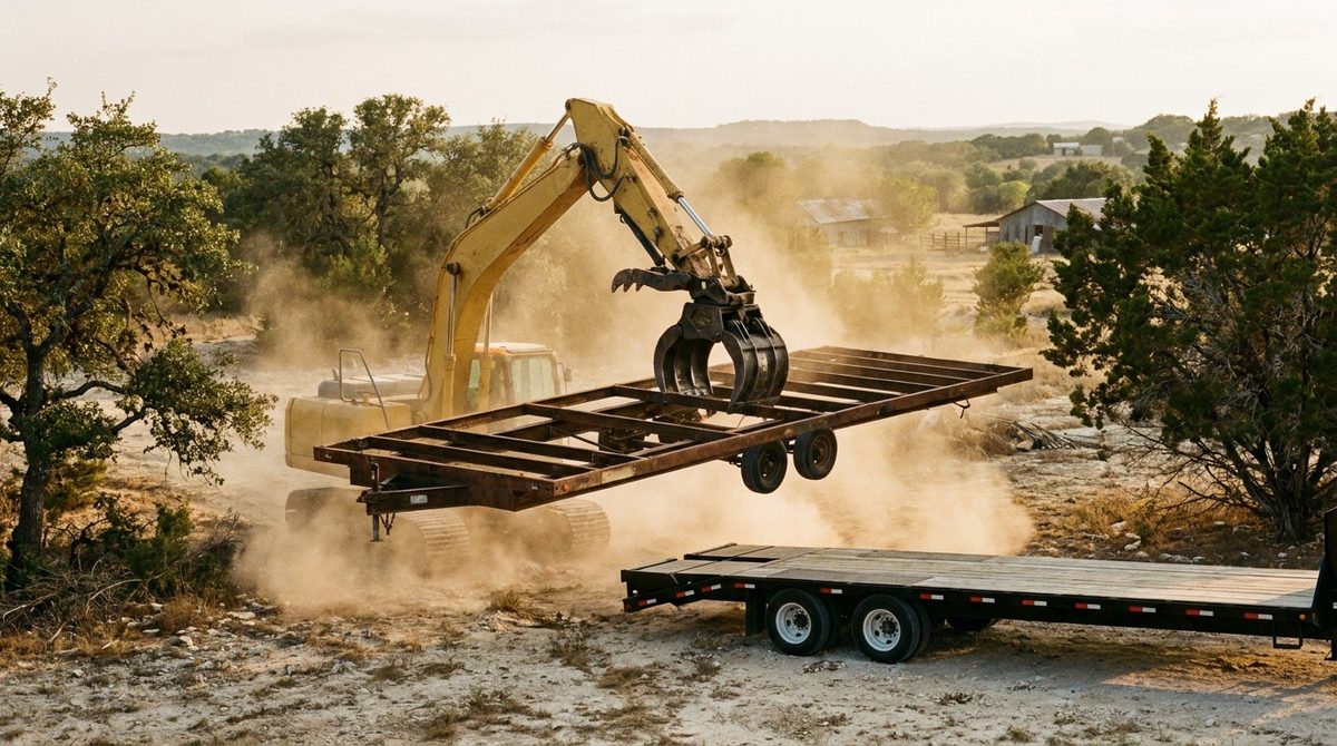 Excavator lifting the bare steel chassis of a dismantled mobile home onto a flatbed trailer for steel recycling