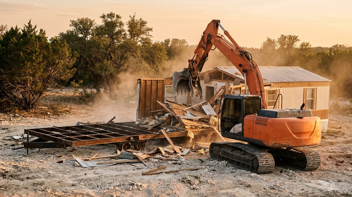 Excavator tearing apart a double-wide manufactured home with one half already down to the steel chassis