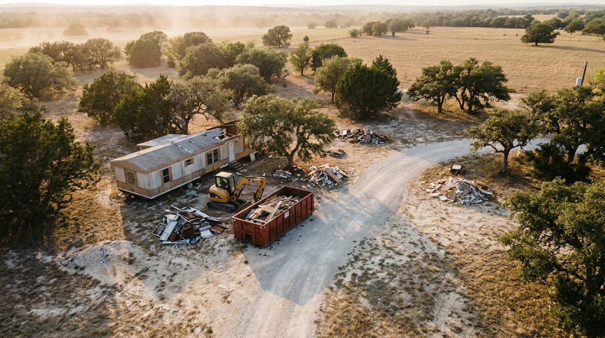 Drone aerial view of a rural Central Texas lot with a mobile home partly dismantled, excavator and roll-off container