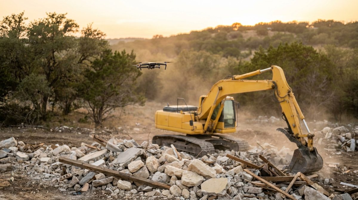 Survey drone hovering above a demolition site with an excavator working below
