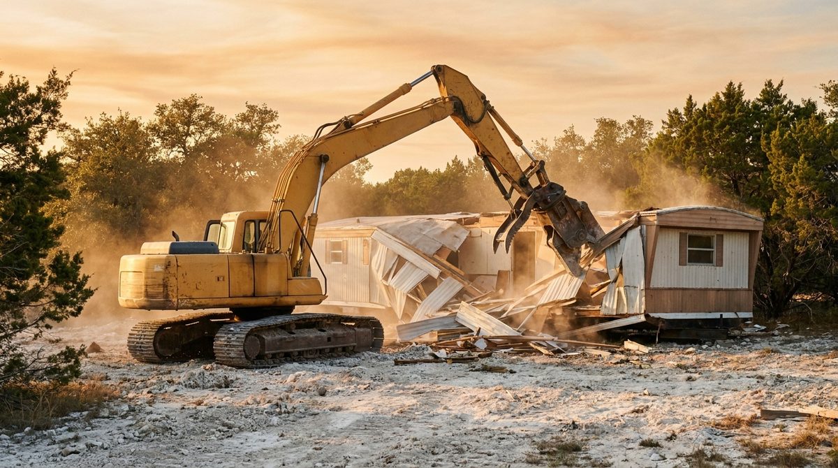 Excavator with hydraulic thumb dismantling a single-wide mobile home on a rural Central Texas lot