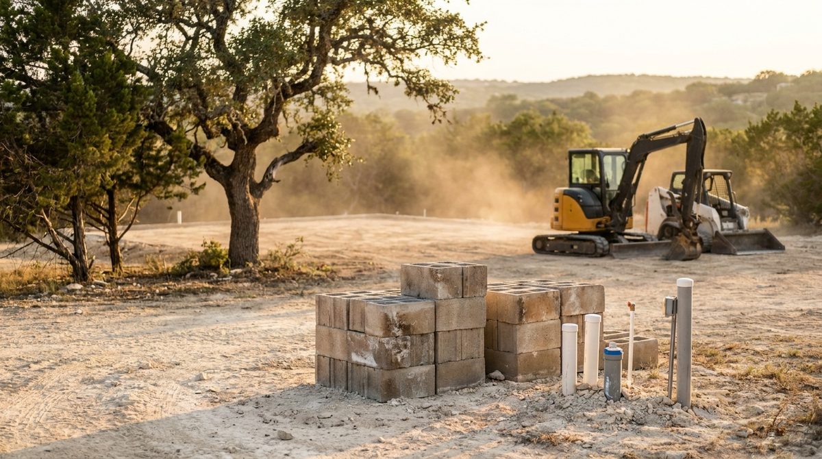 Rural lot after mobile home removal with concrete pier blocks stacked and capped utility stub-outs