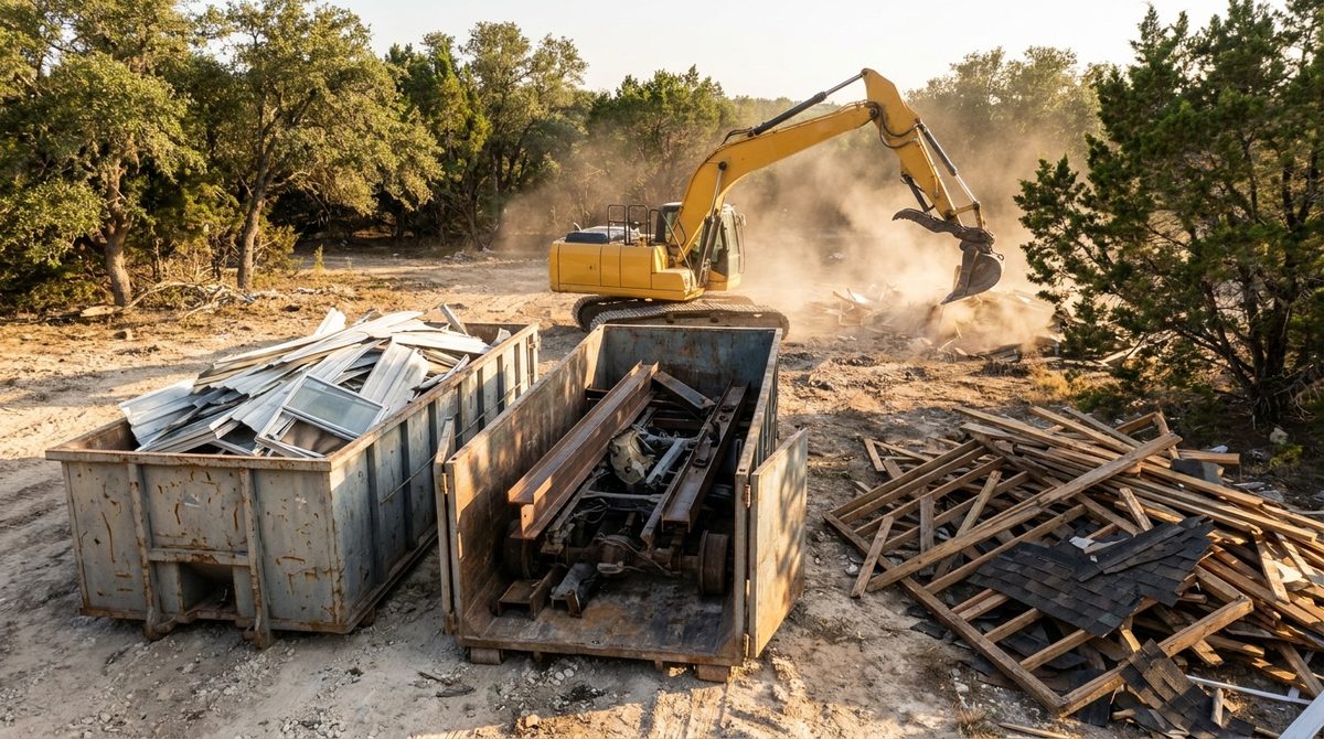 Roll-off dumpsters on a rural demolition site with aluminum siding and steel chassis beams sorted separately from wood debris