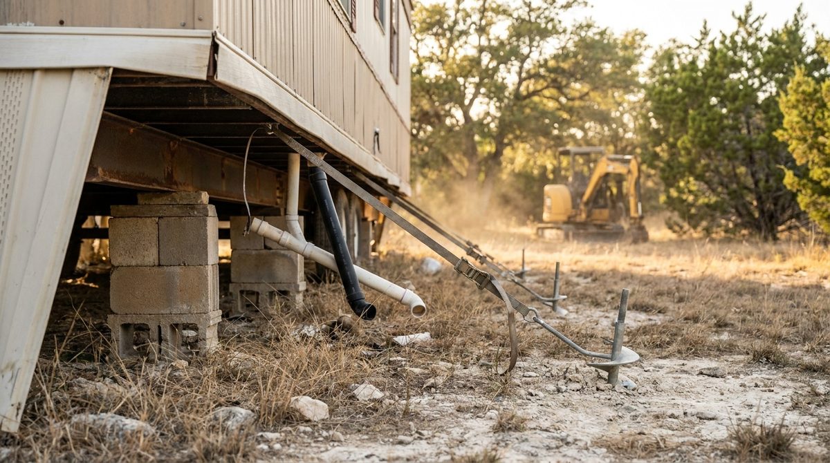 Beneath a raised mobile home with skirting removed: concrete block piers, steel tie-down straps, earth anchors and drain plumbing