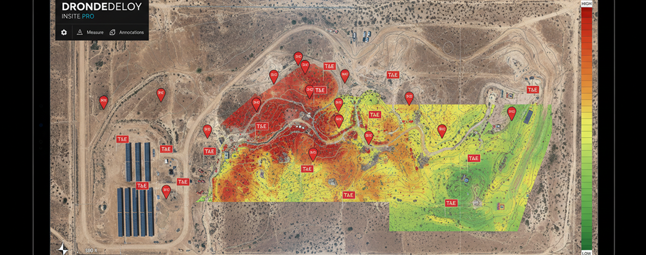 RTK ortho of a utility-scale solar parcel with vegetation density heat map and topo contours