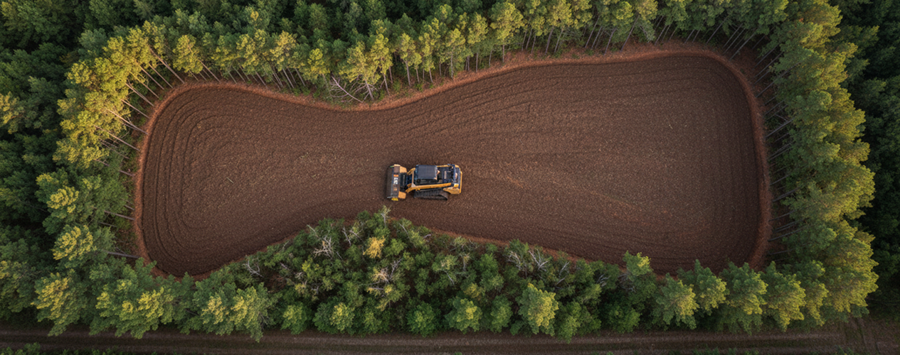 Aerial of CAT 299D3 XE with FAE head clearing a utility-scale solar footprint