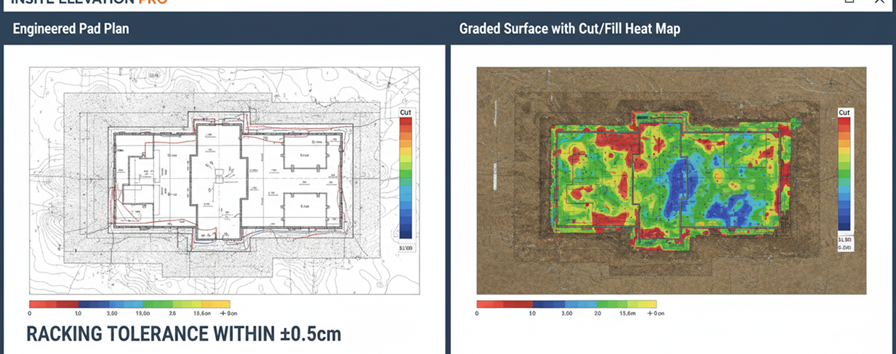 InSite Elevation Pro split screen showing engineered pad plan beside graded surface with cut/fill heat map
