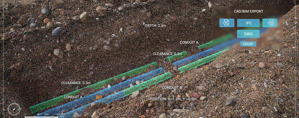 LiDAR point cloud scan of an open collector trench with conduit positions and CAD/BIM export panel