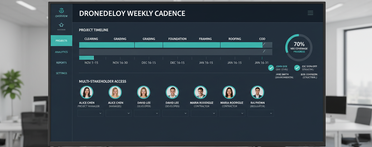 DroneDeploy weekly cadence dashboard with project timeline from clearing through COD and ESC sign-off badges