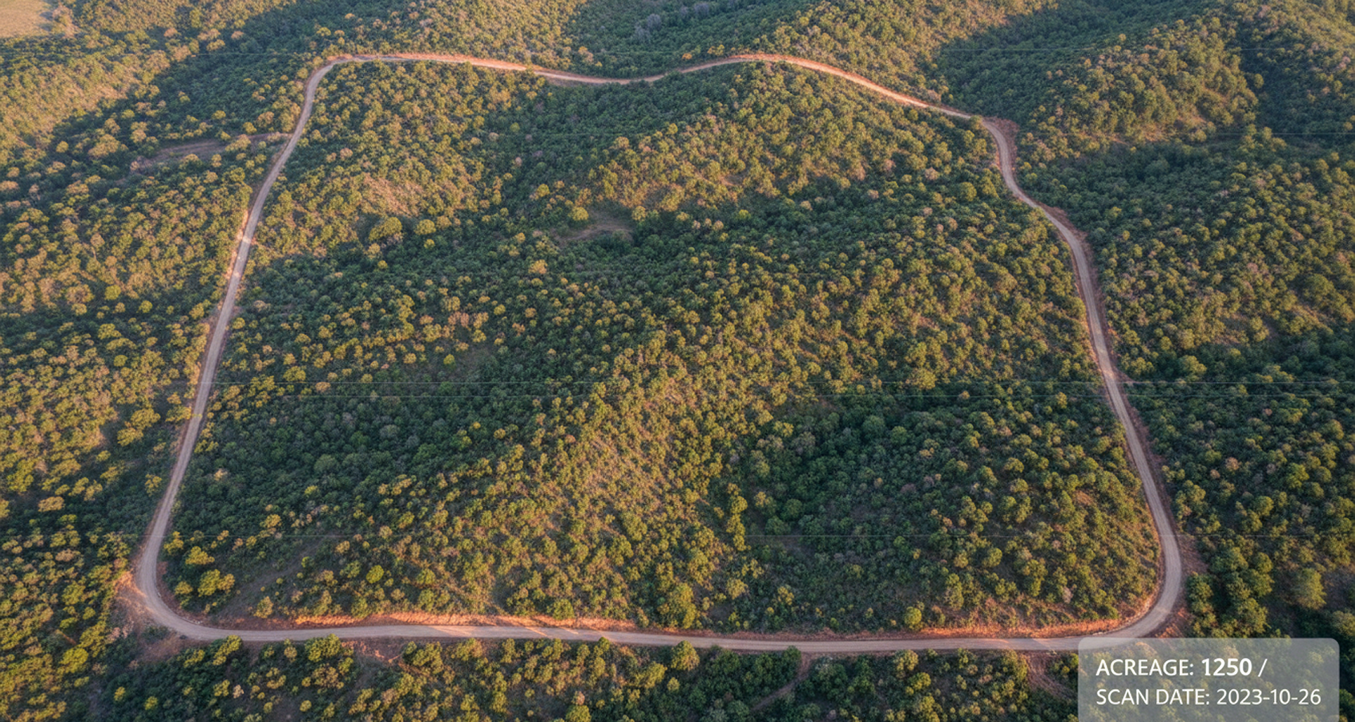 Pre-mobilization aerial of a Texas utility-scale solar parcel with mixed brush and rolling terrain