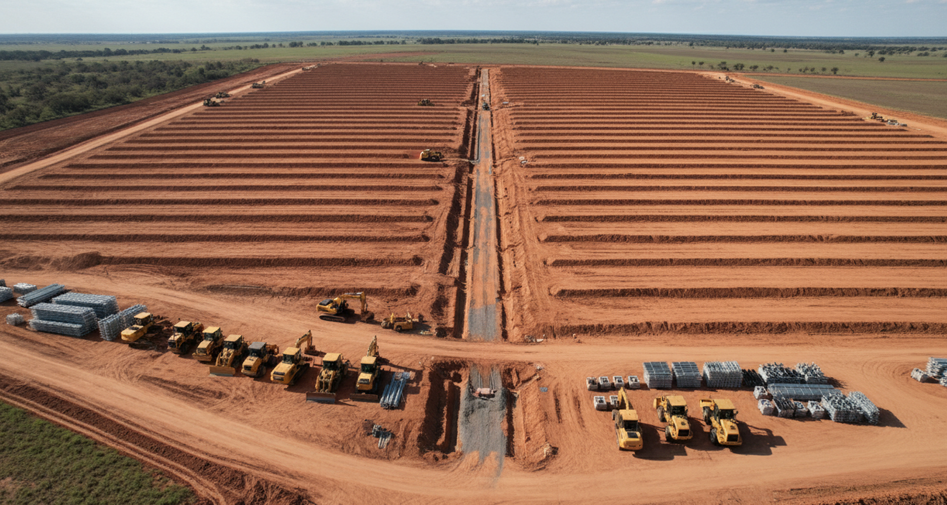 Same parcel after ClearGround site prep with racking-grade mass-graded pad rows and cleared perimeter