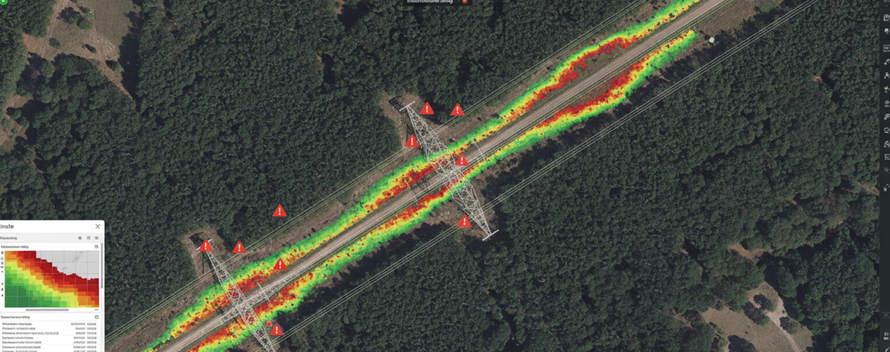 RTK orthomosaic of a transmission ROW corridor with regrowth density heat map and encroachment flags