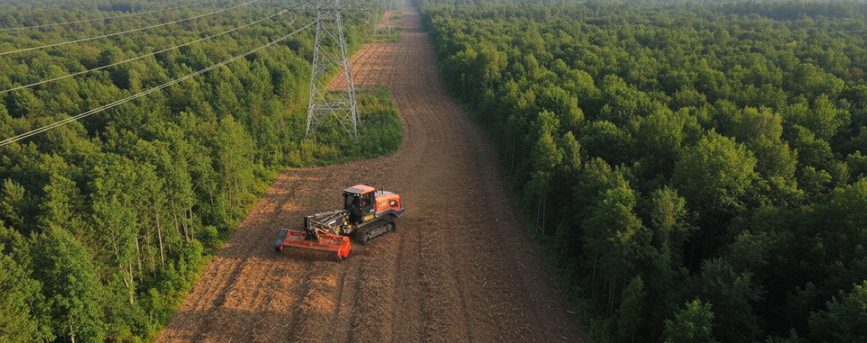 CAT 299D3 XE with FAE head clearing a utility ROW corridor, transmission tower line visible