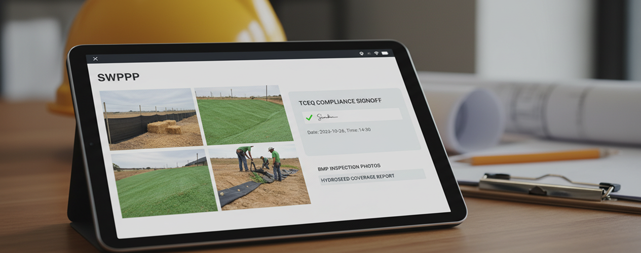 SWPPP document on tablet with BMP inspection photos, silt fence install, and hydroseed coverage report