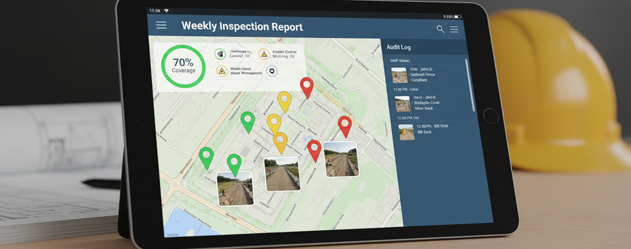 Weekly inspection report dashboard with georeferenced photo pins, BMP status badges, and 70% coverage progress bar
