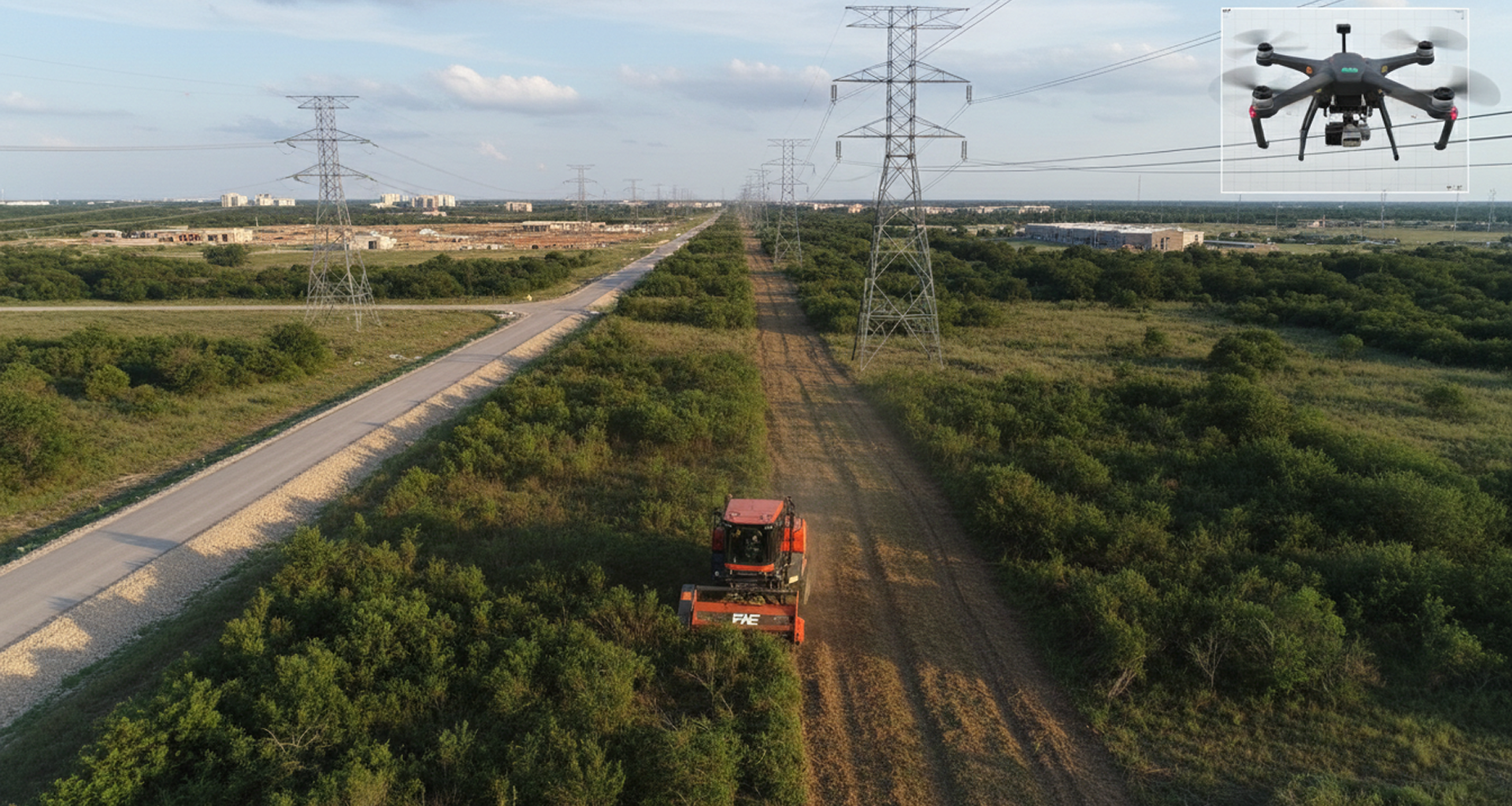 Aerial view of a Texas utility ROW corridor mid-MSA cycle with FAE mulcher and transmission line