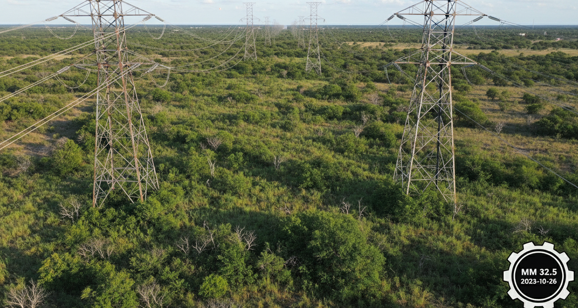 Texas utility ROW corridor overgrown with brush and small trees, transmission line infrastructure visible