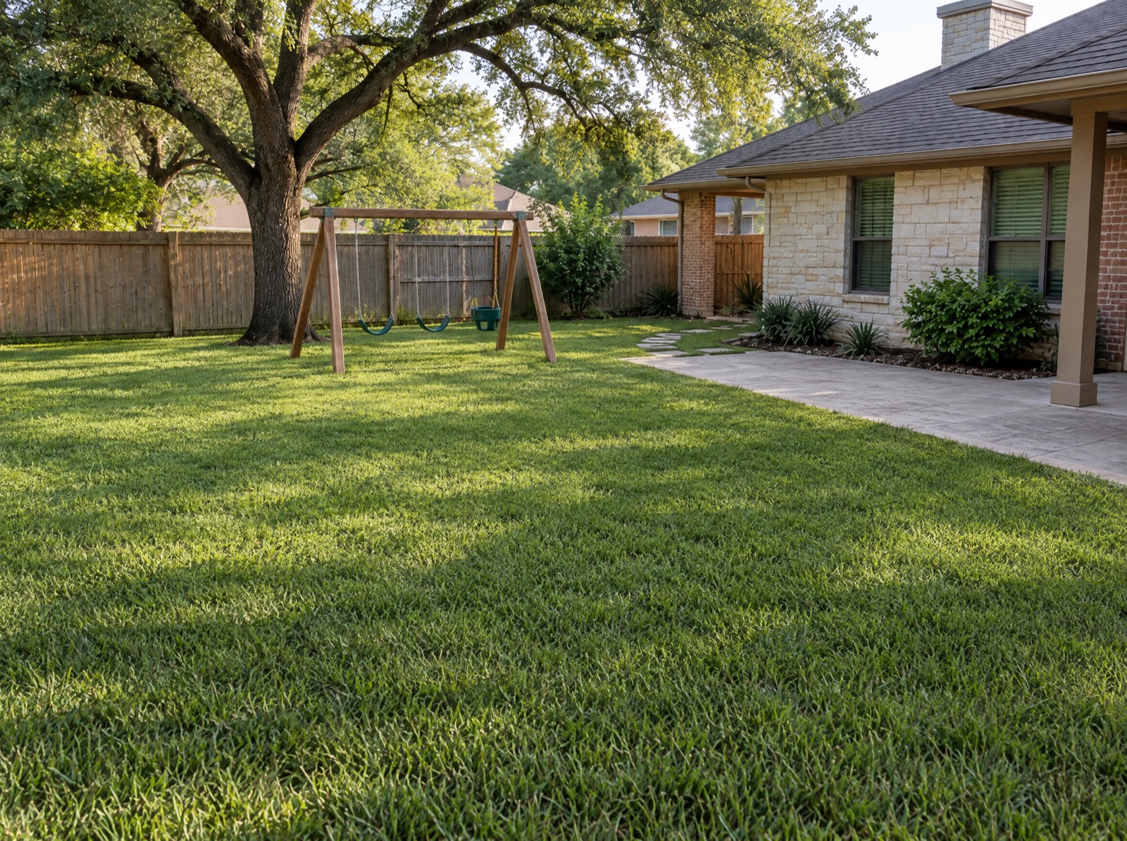 Open lawn and play area where the pool was (illustration)