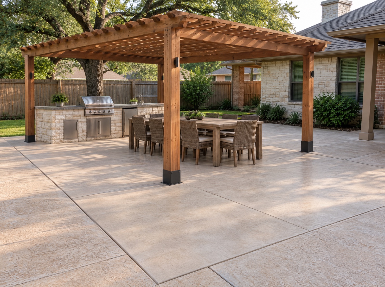 New slab with a pergola and outdoor kitchen over compacted fill (illustration)