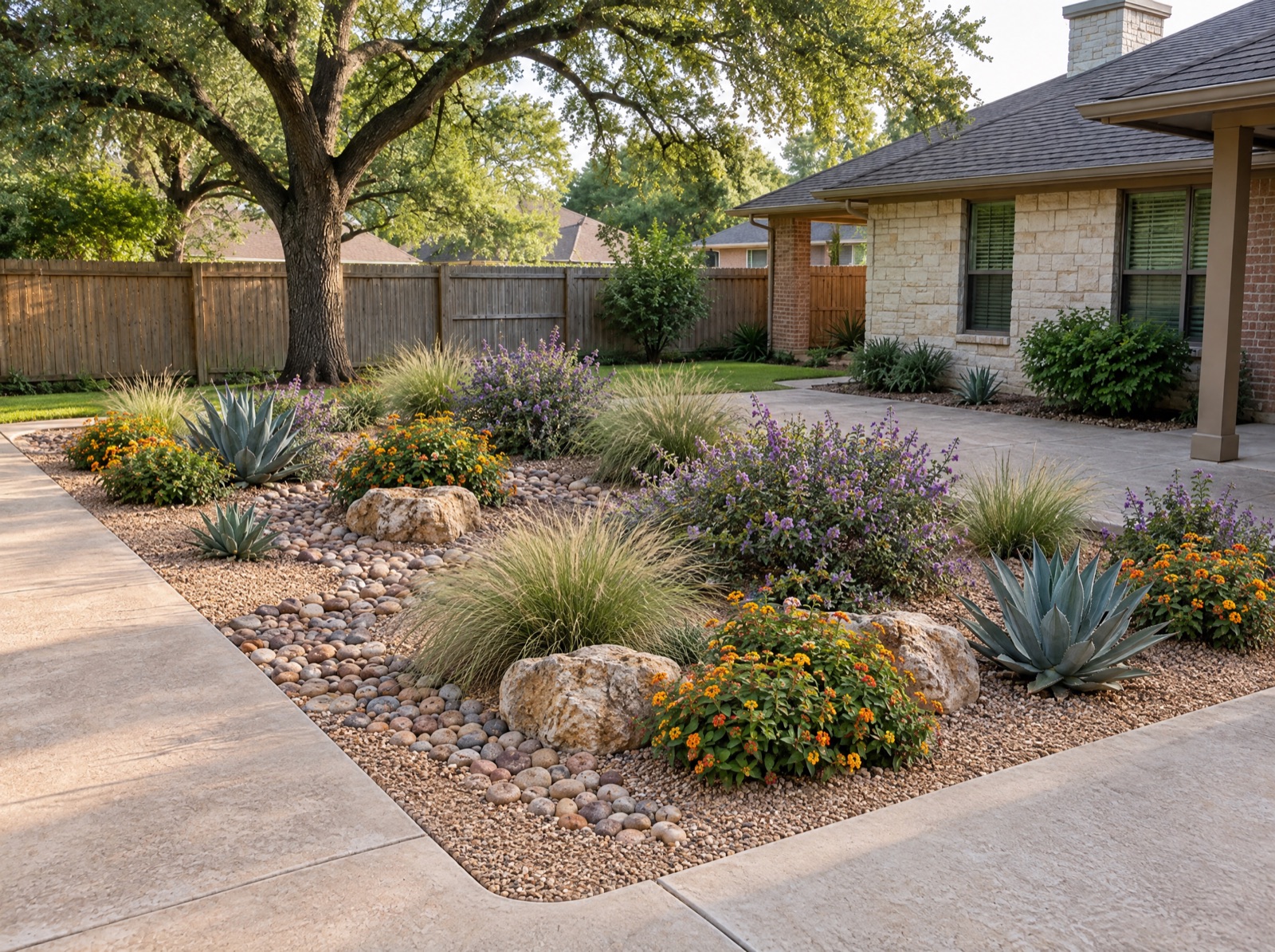 Xeriscape where the pool was, deck kept (illustration)